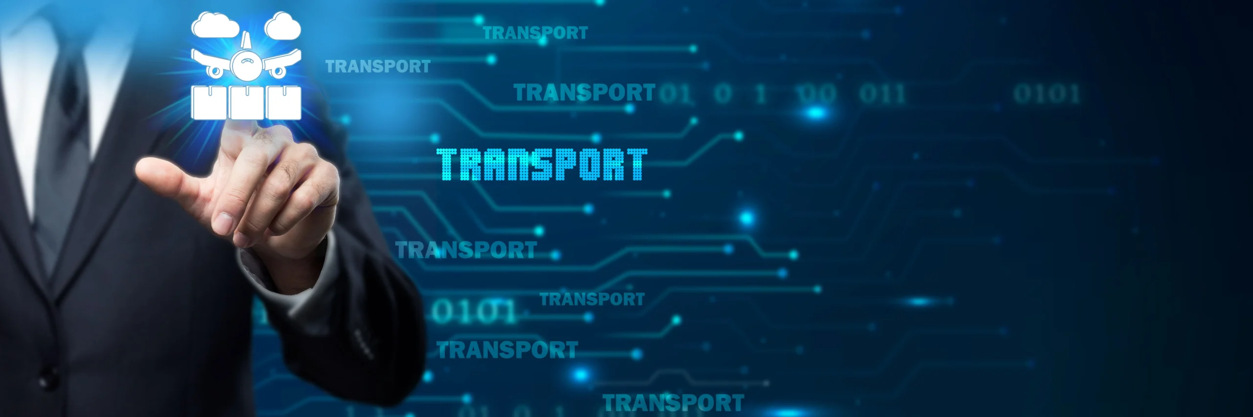 Manager che seleziona un'icona digitale di trasporto aereo per merci su interfaccia tecnologica dedicata alla supply chain e alla logistica.