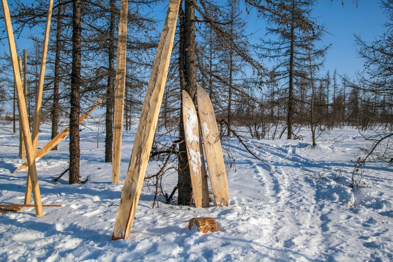 Extreme north, Yamal, pastures of the Nenets, dwellings of the peoples of the north, homemade skis for hunting