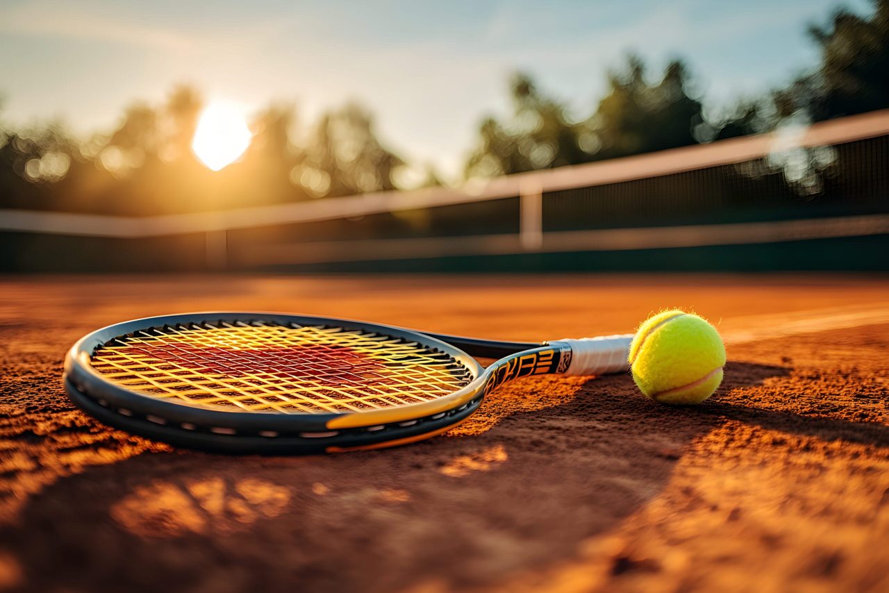 Raqueta y pelota de tenis sobre el suelo de una pista de tenis de tierra batida